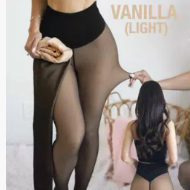 Sheer skin-tone base leggings integrated with fleece-lined tight one-crotch tights