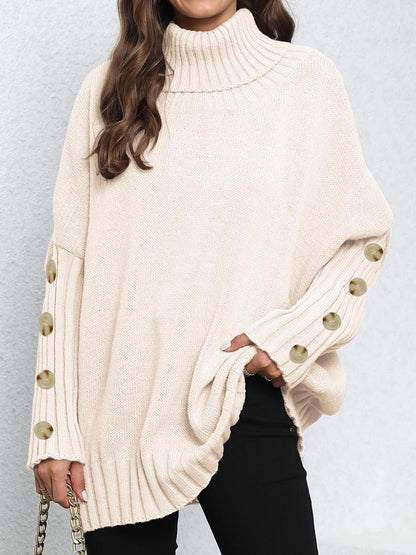 Knitted Sweater for Women, Solid Color, High Neck, Turn-down Collar, Loose Fit, Buttoned Knit Top