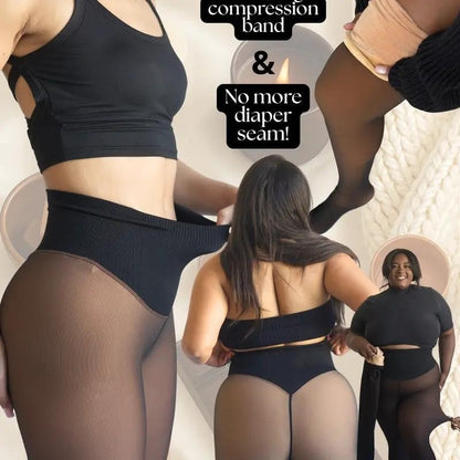 Sheer skin-tone base leggings integrated with fleece-lined tight one-crotch tights