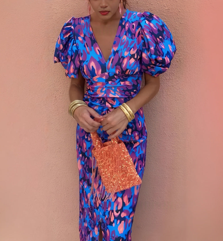 Printed Casual V-Neck Fitted Bodycon Slim Waist Bubble Sleeve Dress