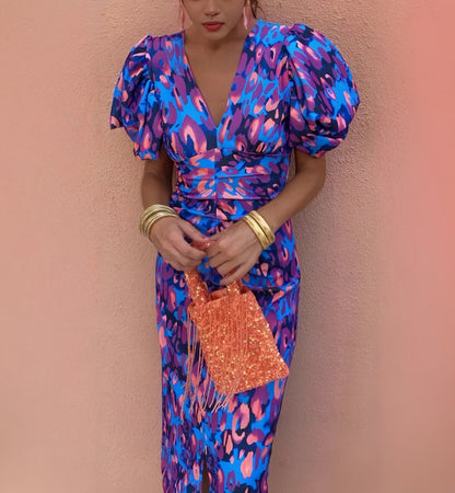 Printed Casual V-Neck Fitted Bodycon Slim Waist Bubble Sleeve Dress