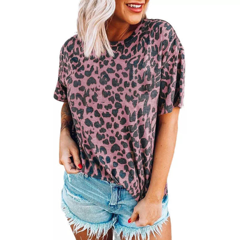 Leopard Pattern Crew Neck Casual Short Sleeve T-Shirt