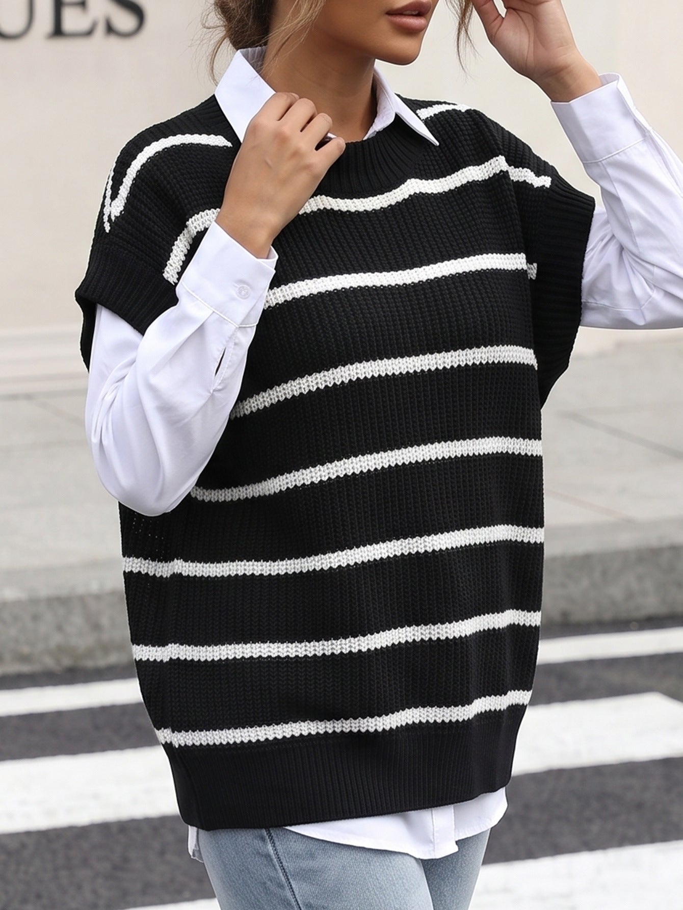Women's Knitted Sweater Vest, New Striped Color-blocked Pullover Knit Loose Vest Top