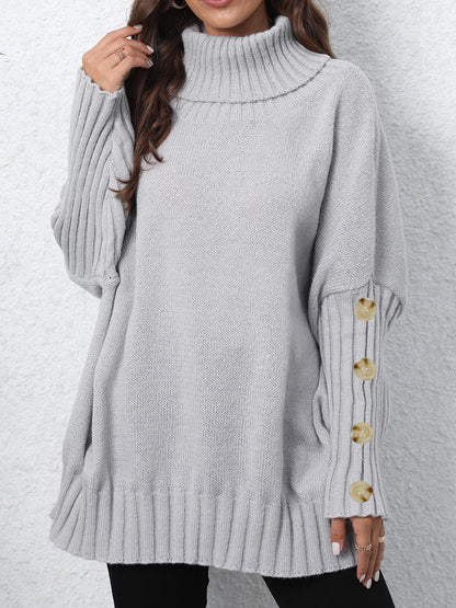 Knitted Sweater for Women, Solid Color, High Neck, Turn-down Collar, Loose Fit, Buttoned Knit Top