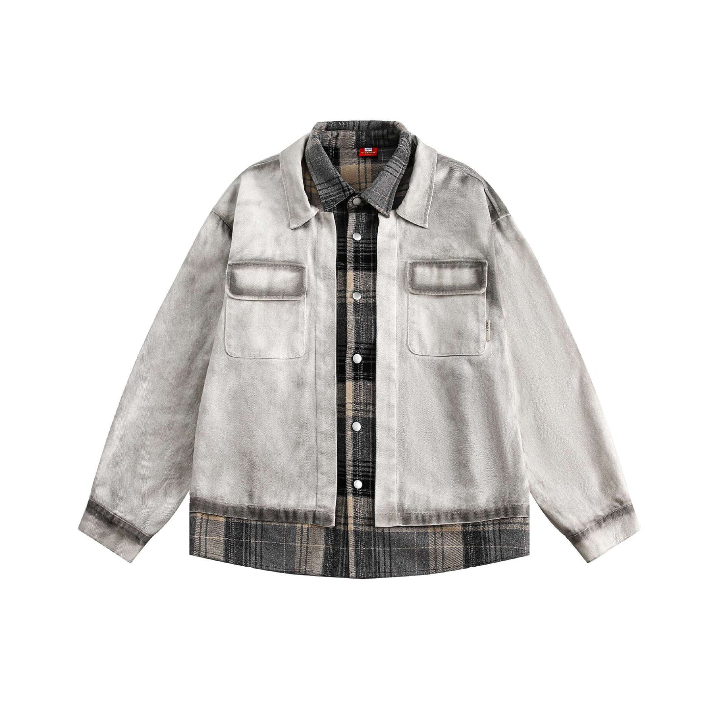 Distressed Faux Two-Piece Patchwork Plaid Notch Lapel Jacket for Men