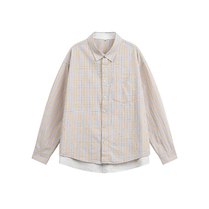 Color Block Plaid Long Sleeve False Two-Piece Patch Pocket Loose Fit Men's Shirt