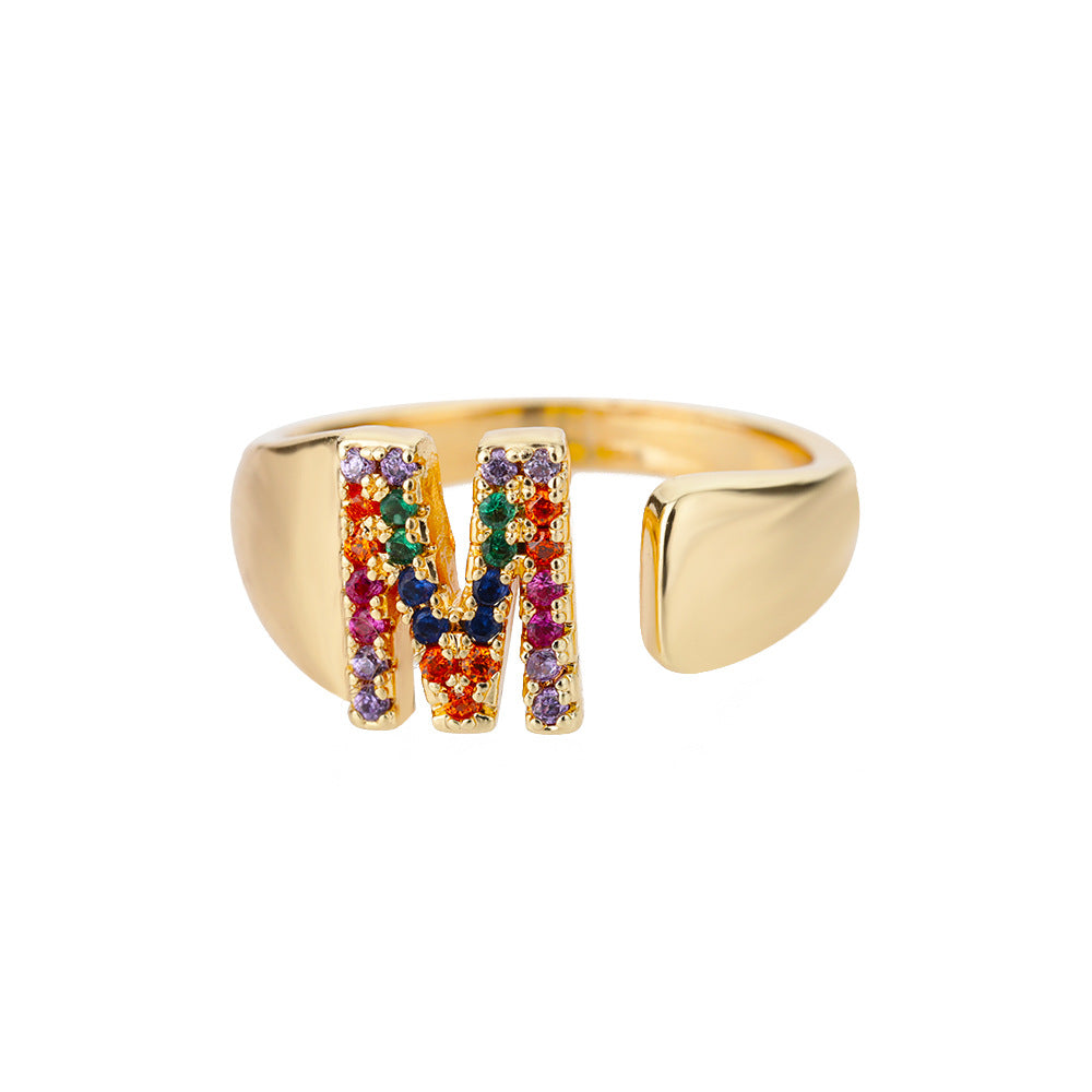 18K Gold Plated Micro Pave Colorful Zircon Letter Ring with 26 Letters Open Design