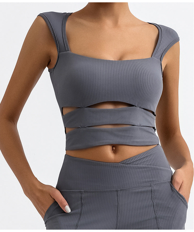 New  Fashion Double-Shoulder Low-Cut Striped Sexy Yoga T-Shirt for Outdoor Sports, Casual Semi-Formal Wear