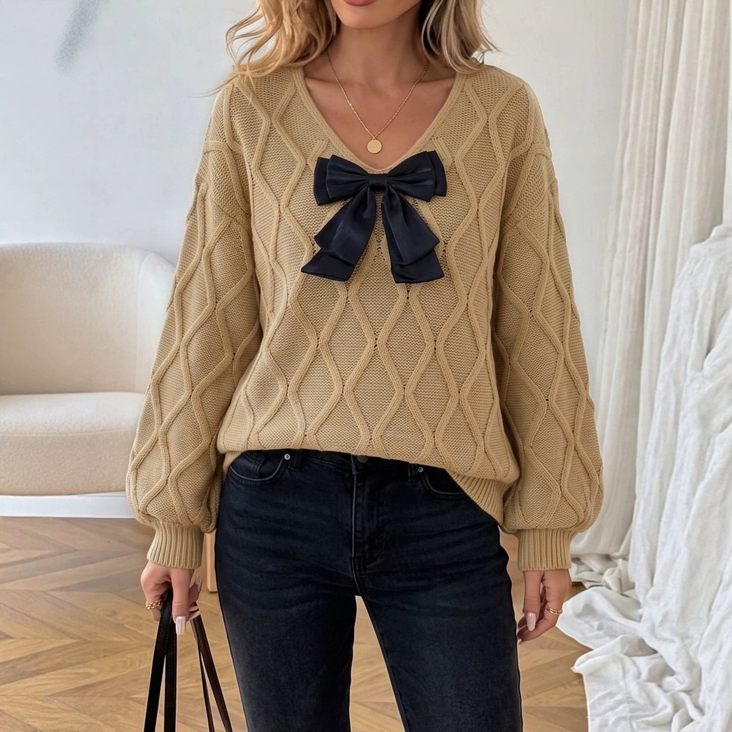 Women's Casual V-Neck Bow Elegant Long Sleeve Loose Sweater
