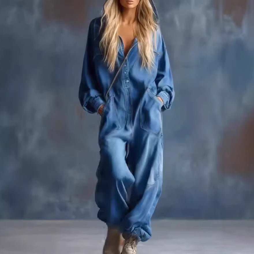 Causal Printed Denim Long Sleeve Jumpsuit with Large Pockets for Women