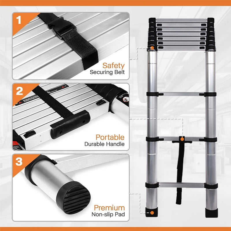 Heavy-Duty Stainless Steel Telescoping Ladder, 2.6-6.3M (8.5-20.7ft) 330lb Load, Anti-Slip Lock, for Home/RV/Attic, Room Decor