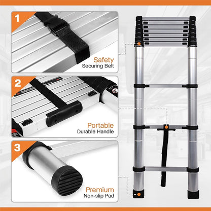 Heavy-Duty Stainless Steel Telescoping Ladder, 2.6-6.3M (8.5-20.7ft) 330lb Load, Anti-Slip Lock, for Home/RV/Attic, Room Decor