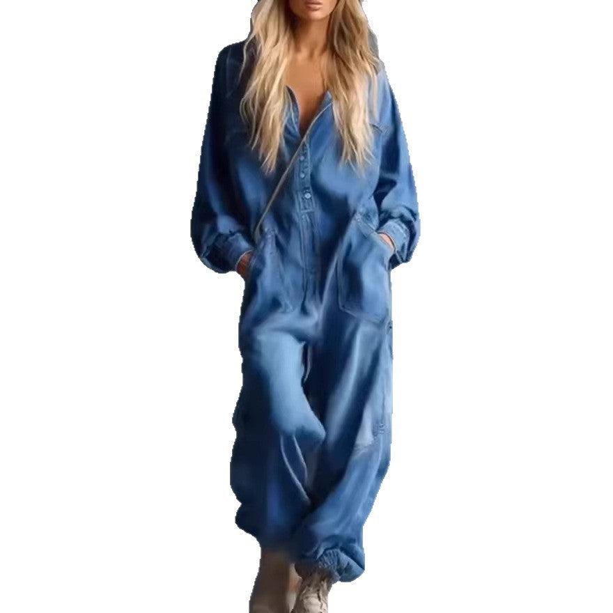 Causal Printed Denim Long Sleeve Jumpsuit with Large Pockets for Women