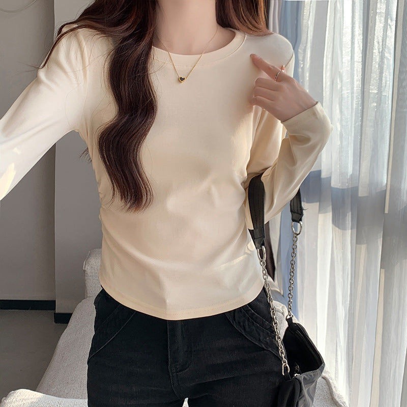 Autumn New Pleated Long Sleeve Inner Top for Women, Irregular Hem T-Shirt, Pure Cotton Basic Shirt