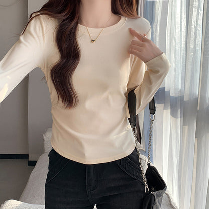 Autumn New Pleated Long Sleeve Inner Top for Women, Irregular Hem T-Shirt, Pure Cotton Basic Shirt