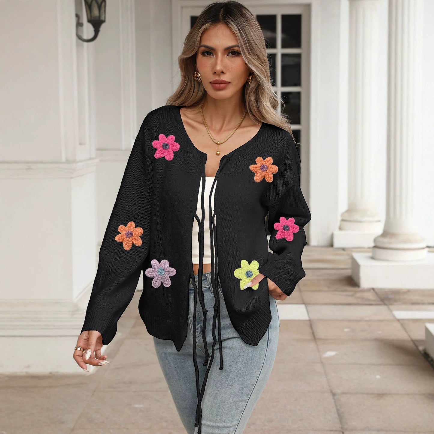 Knit Cardigan Coat with Tie Bow, Wool Embroidery Flower Patchwork for Women