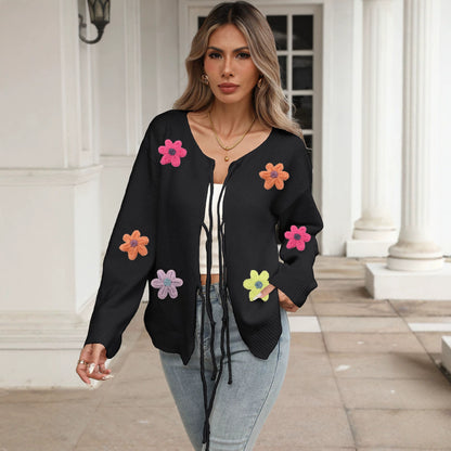 Knit Cardigan Coat with Tie Bow, Wool Embroidery Flower Patchwork for Women