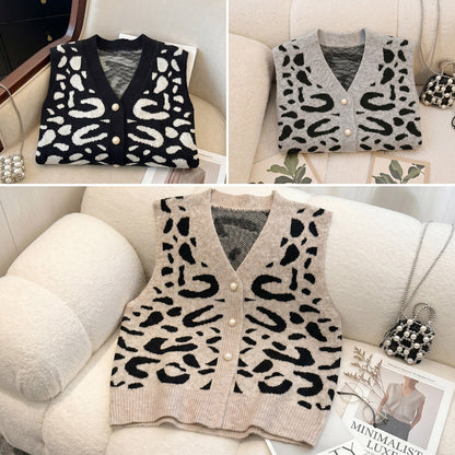 Leopard Print V-Neck Knitted Cardigan Sweater Coat Short Top with Imitation Pearl Buttons Loose Vest