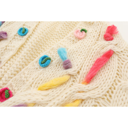 Heavy industry Fried Dough Twists twisted coarse needle hand knitting three-dimensional flower decoration medium length knitting cardigan coat for women