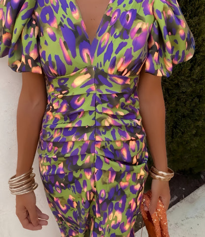 Printed Casual V-Neck Fitted Bodycon Slim Waist Bubble Sleeve Dress
