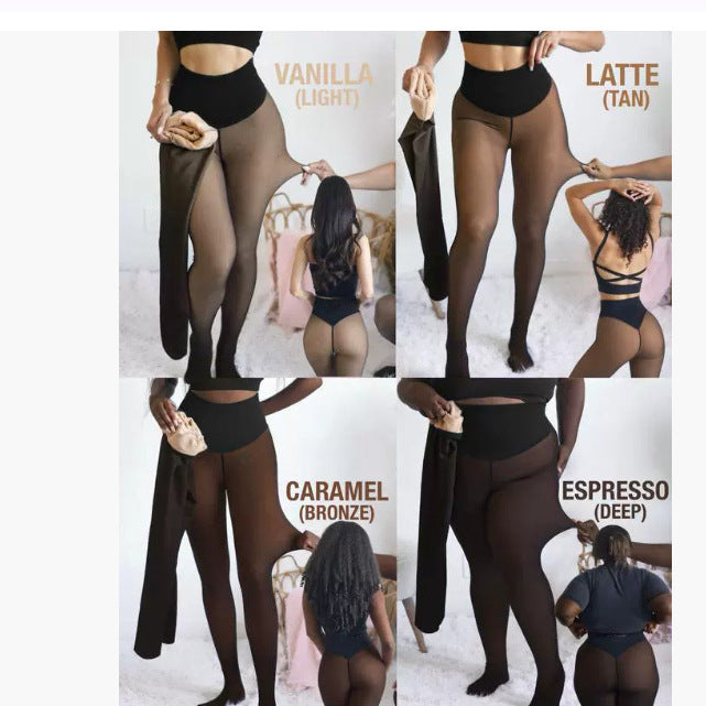 Sheer skin-tone base leggings integrated with fleece-lined tight one-crotch tights