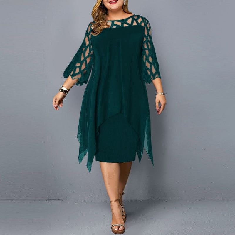 Lace Patchwork Three-Quarter Sleeve Irregular Hem Chiffon Dress