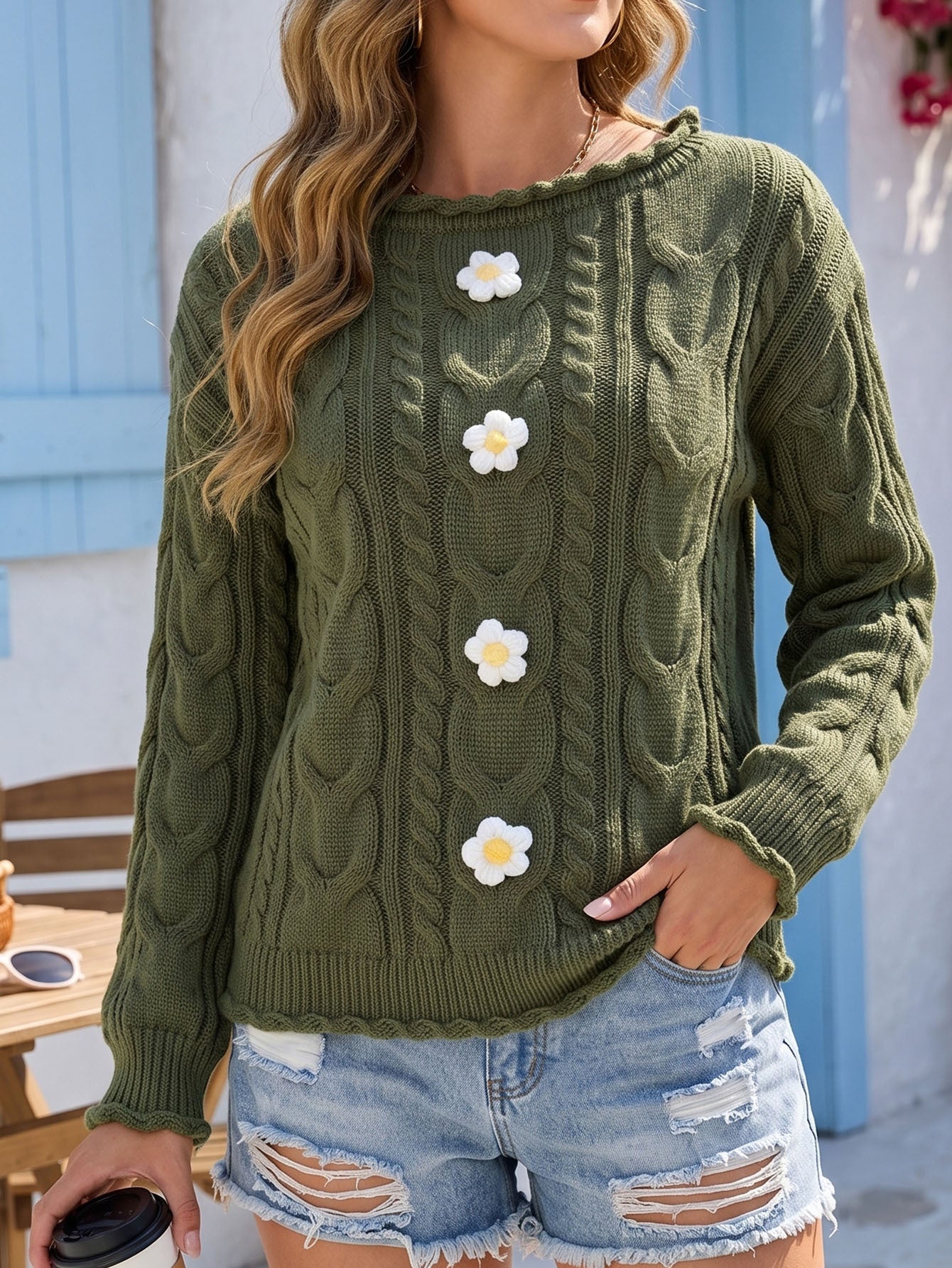 Women's One-Shoulder Knit Sweater with Hand-Crocheted Floral Patchwork