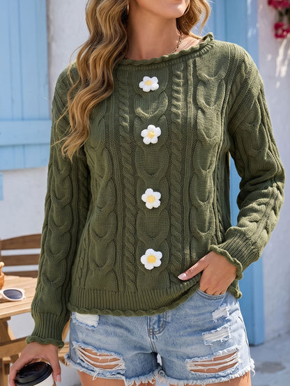 Women's One-Shoulder Knit Sweater with Hand-Crocheted Floral Patchwork