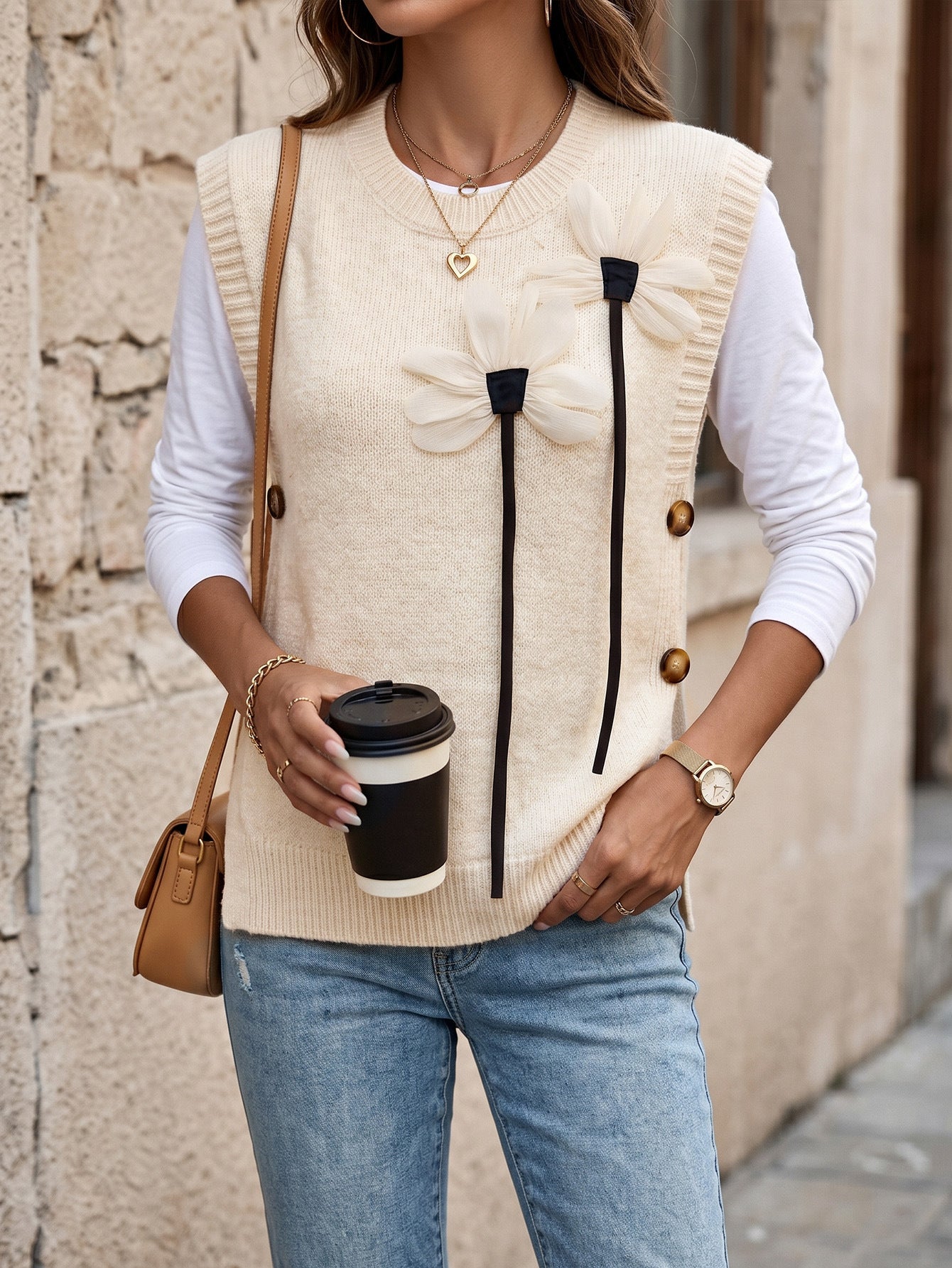 Sweater Vest Round Neck Solid Color Buttoned Women's Knitwear 3D Flower