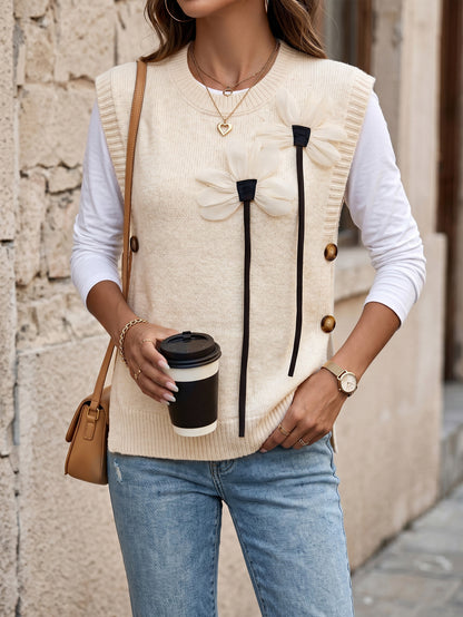 Sweater Vest Round Neck Solid Color Buttoned Women's Knitwear 3D Flower
