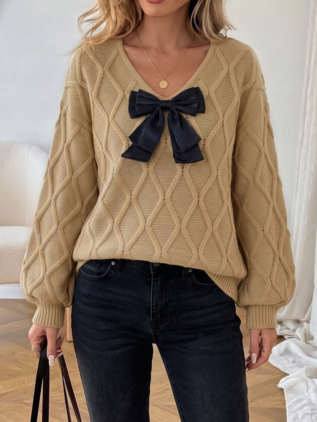 Women's Casual V-Neck Bow Elegant Long Sleeve Loose Sweater