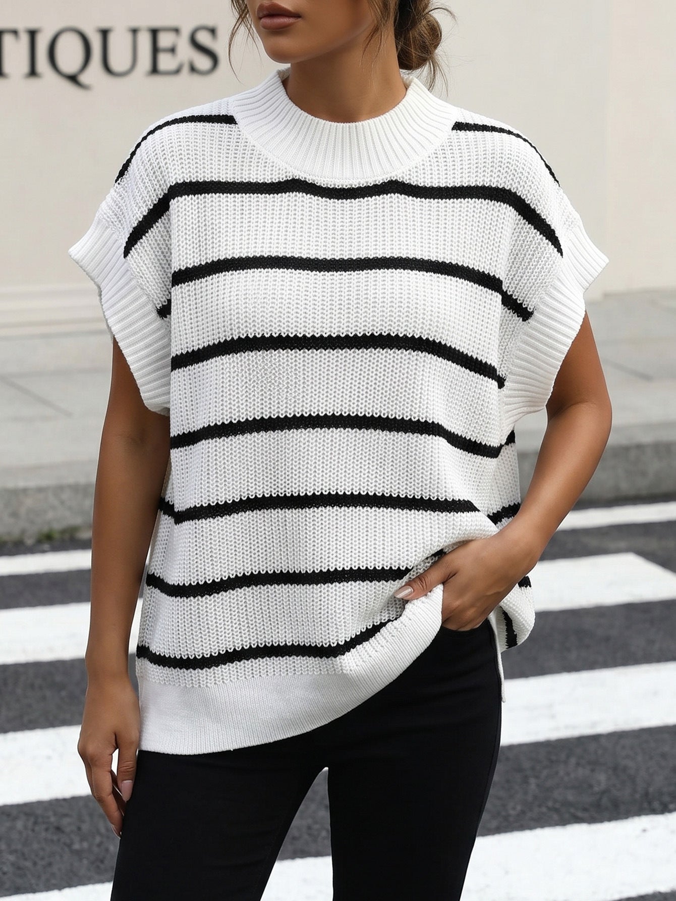 Women's Knitted Sweater Vest, New Striped Color-blocked Pullover Knit Loose Vest Top