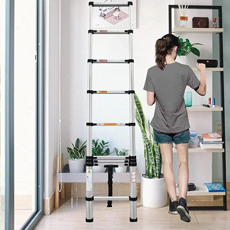 Heavy-Duty Stainless Steel Telescoping Ladder, 2.6-6.3M (8.5-20.7ft) 330lb Load, Anti-Slip Lock, for Home/RV/Attic, Room Decor