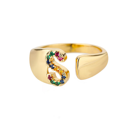 18K Gold Plated Micro Pave Colorful Zircon Letter Ring with 26 Letters Open Design