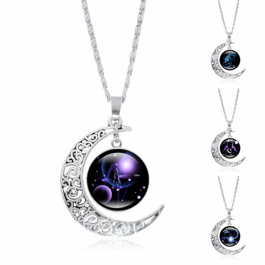 Zodiac Time Gem Luminous Necklace for Women, Simple Silver Moon Pendant Choker