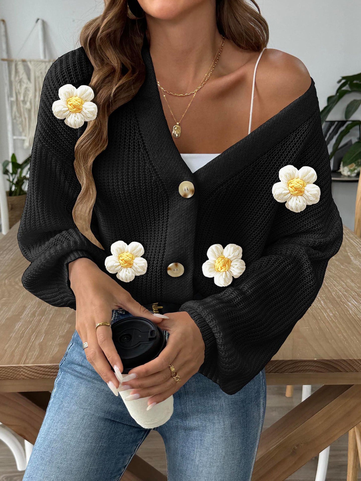 Lady Knit Sweater Crochet Flower Patchwork Short Buttoned Cardigan Coat Outerwear
