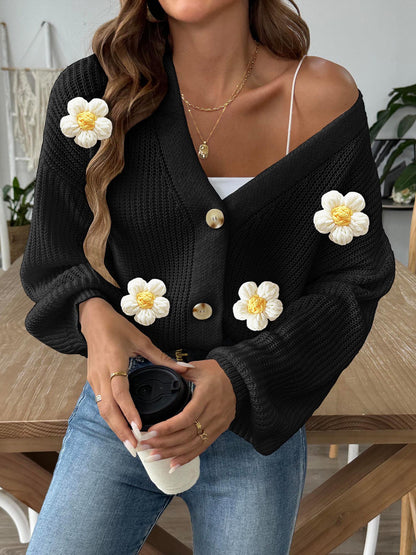 Lady Knit Sweater Crochet Flower Patchwork Short Buttoned Cardigan Coat Outerwear