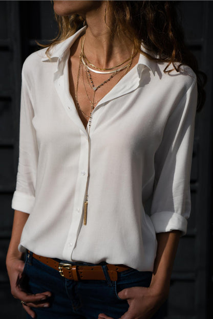 Ladies' Long Sleeve Deep V-Neck Buttoned Chiffon Blouse