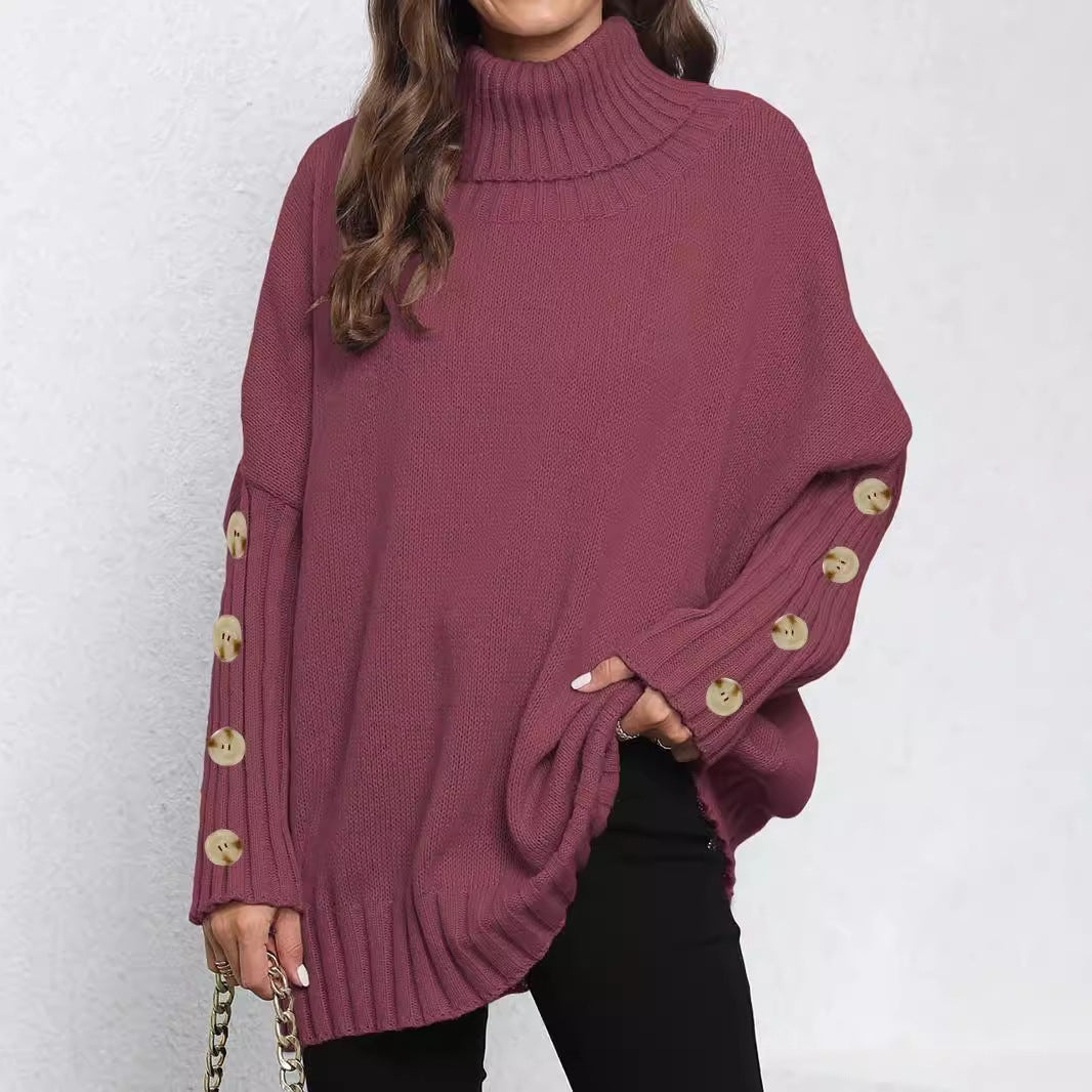 Knitted Sweater for Women, Solid Color, High Neck, Turn-down Collar, Loose Fit, Buttoned Knit Top