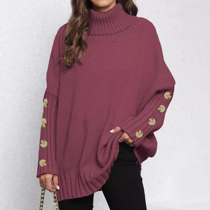 Knitted Sweater for Women, Solid Color, High Neck, Turn-down Collar, Loose Fit, Buttoned Knit Top