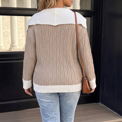 Long Sleeve Turn-down Collar  Knitted Sweater for Women
