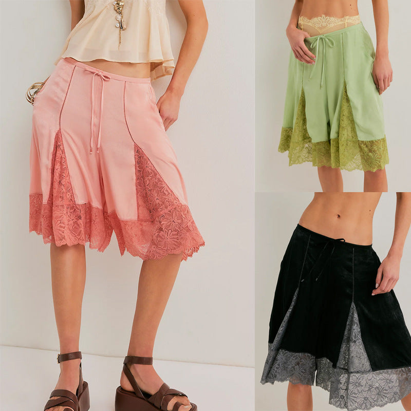 Women's Lightweight Satin Lace Sexy Trimmed Mid-Length Pants