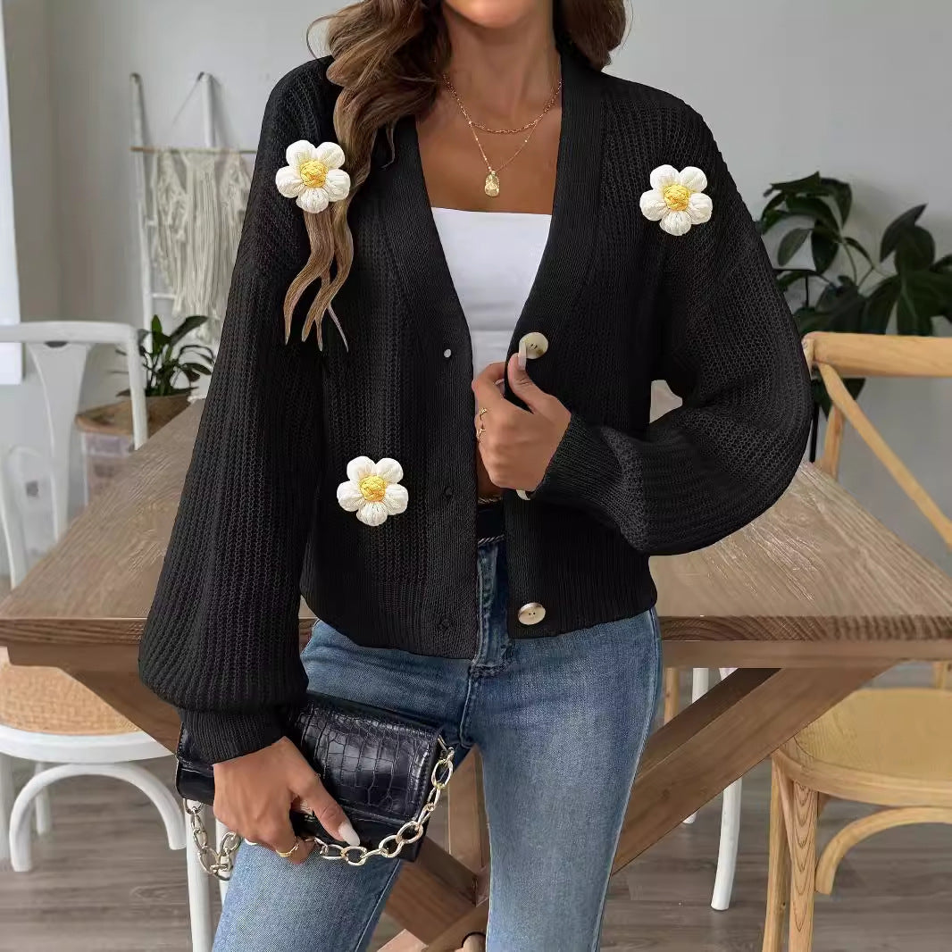 Lady Knit Sweater Crochet Flower Patchwork Short Buttoned Cardigan Coat Outerwear