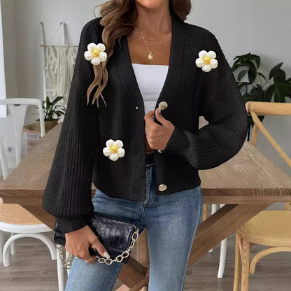 Lady Knit Sweater Crochet Flower Patchwork Short Buttoned Cardigan Coat Outerwear