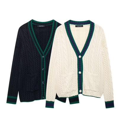 European and American autumn new style casual V-neck contrasting knitted top jacket