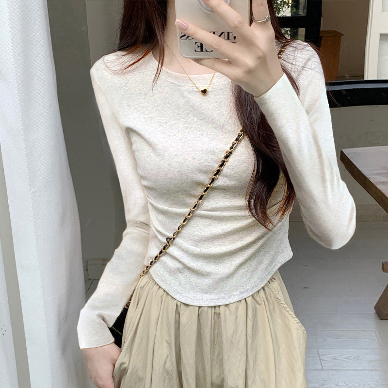 Autumn New Pleated Long Sleeve Inner Top for Women, Irregular Hem T-Shirt, Pure Cotton Basic Shirt