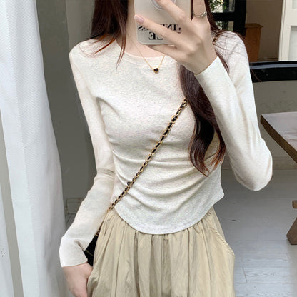 Autumn New Pleated Long Sleeve Inner Top for Women, Irregular Hem T-Shirt, Pure Cotton Basic Shirt