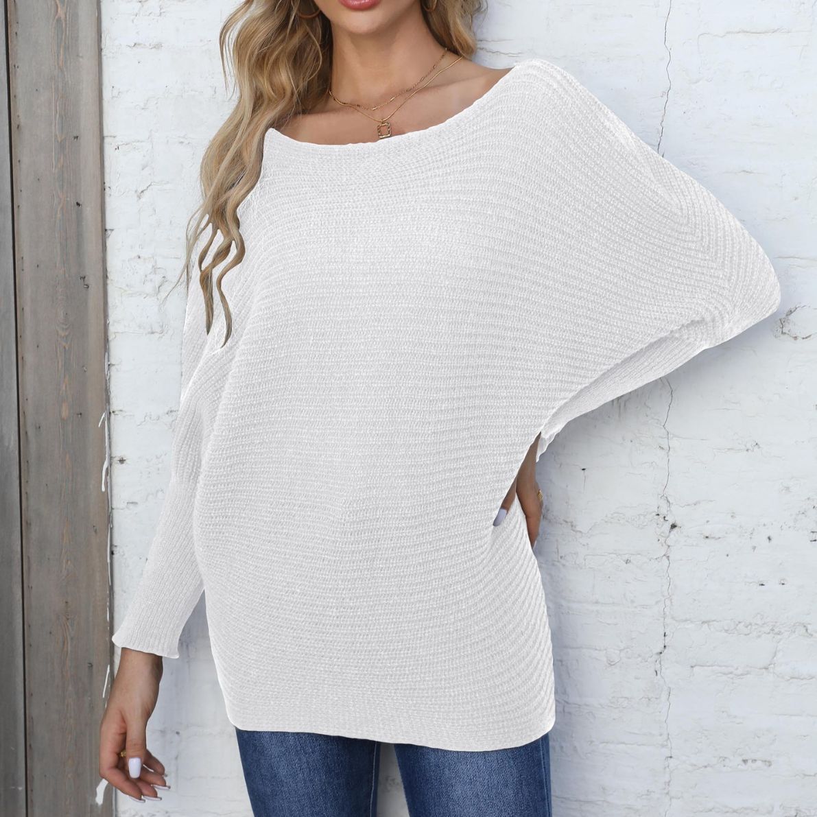 Ladies Knit Sweater Batwing Sleeve Boat Neck Loose Striped Sweater