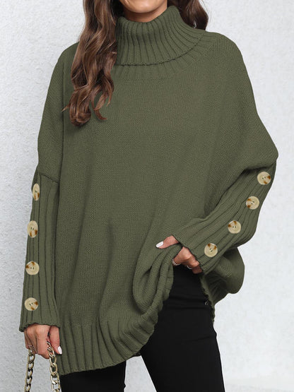 Knitted Sweater for Women, Solid Color, High Neck, Turn-down Collar, Loose Fit, Buttoned Knit Top