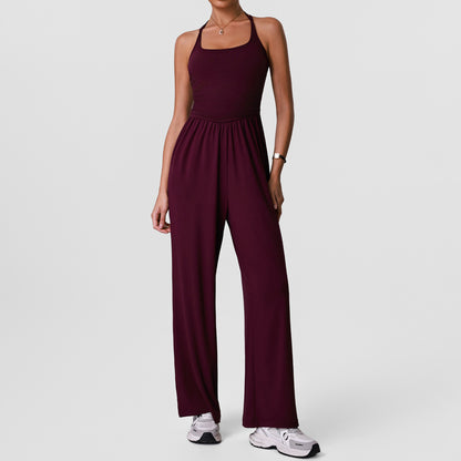 Strapless Backless Hollow-Out Yoga Bodysuit with Padded, Slimming and Body-Hiding Design for Sport and Casual Wear, Wide-Leg Bodysuit